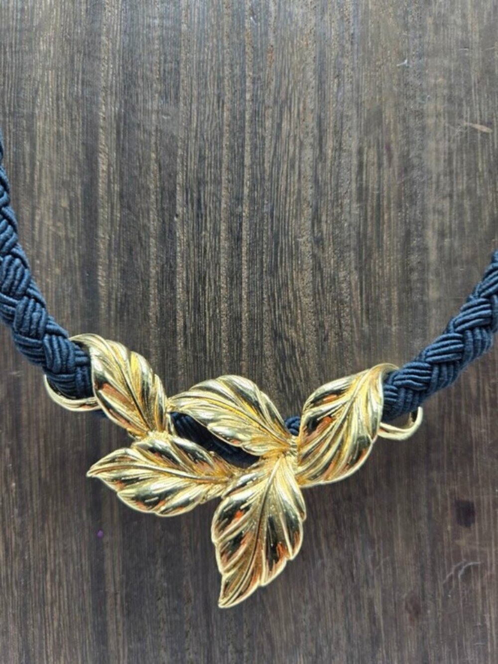 Avon 1991 Whispering Leaves Necklace Gold Tone Leaf Entwined Black Braided Cord